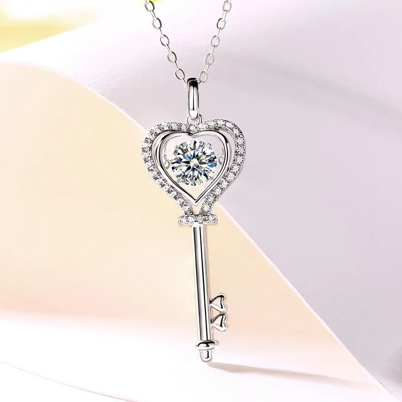 1 Carat Moissanite Diamond Dancing Stone Key Necklace 925 Sterling Silver MXFN8138