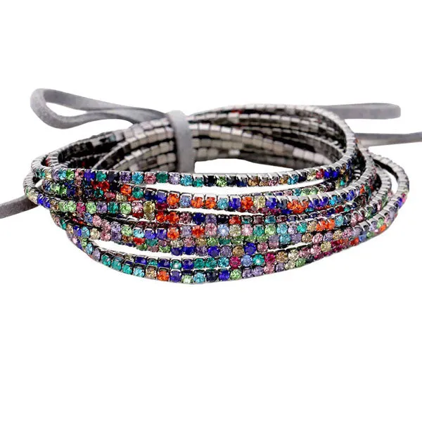 12Pcs Ribbon Colorful Rhinestone Layered Stretch Bracelets