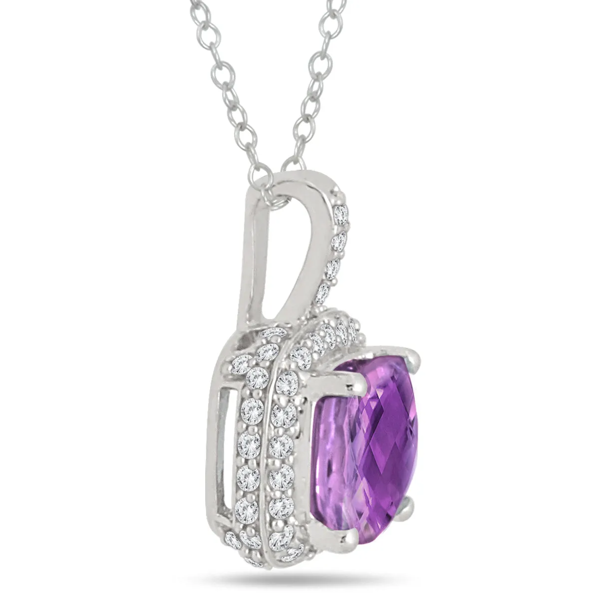 1.50 Carat Tw Cushion Amethyst And Diamond Halo Pendant In 10K White Gold