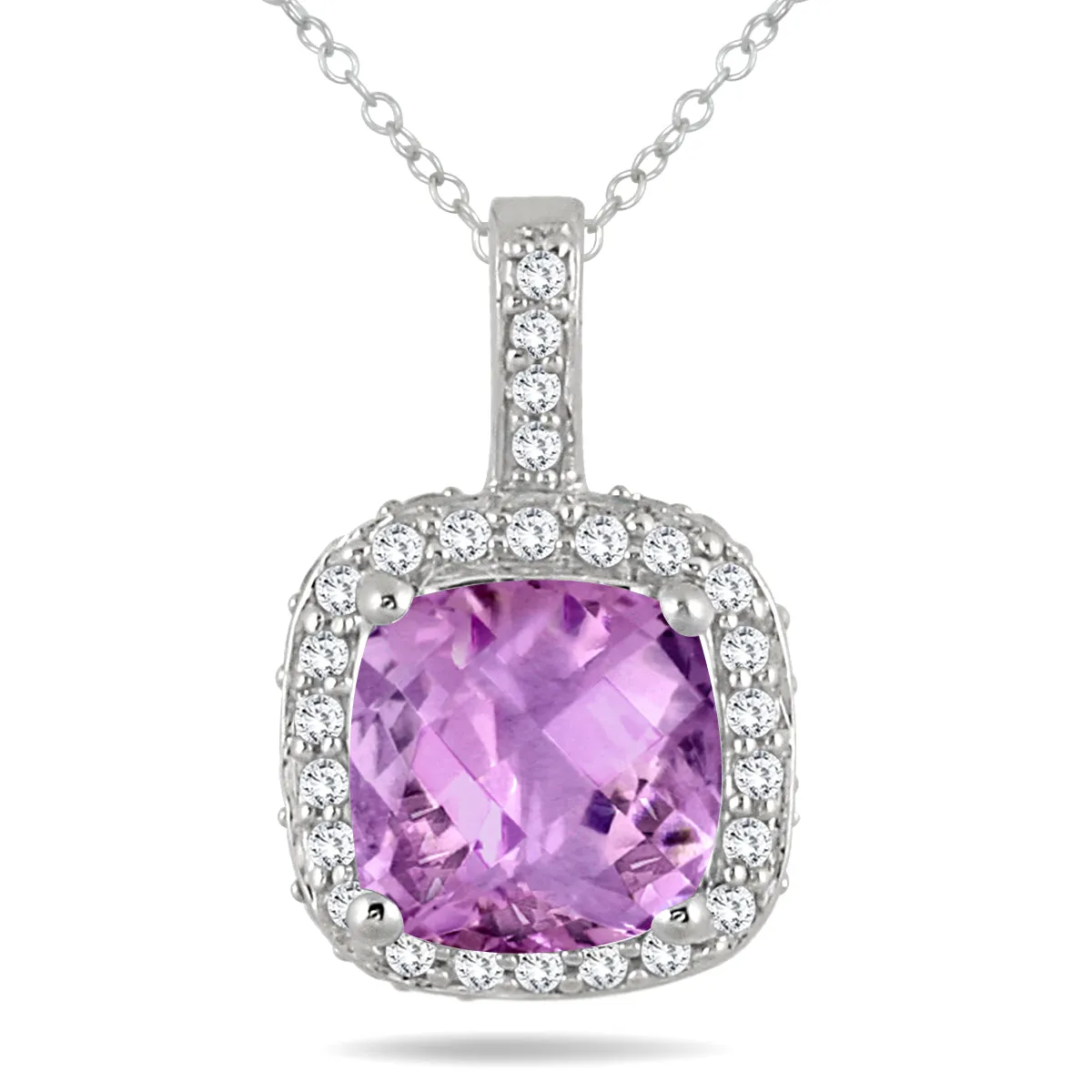 1.50 Carat Tw Cushion Amethyst And Diamond Halo Pendant In 10K White Gold