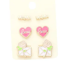 3Pairs Metal Mama Enamel love Heart Flower Stud Earrings