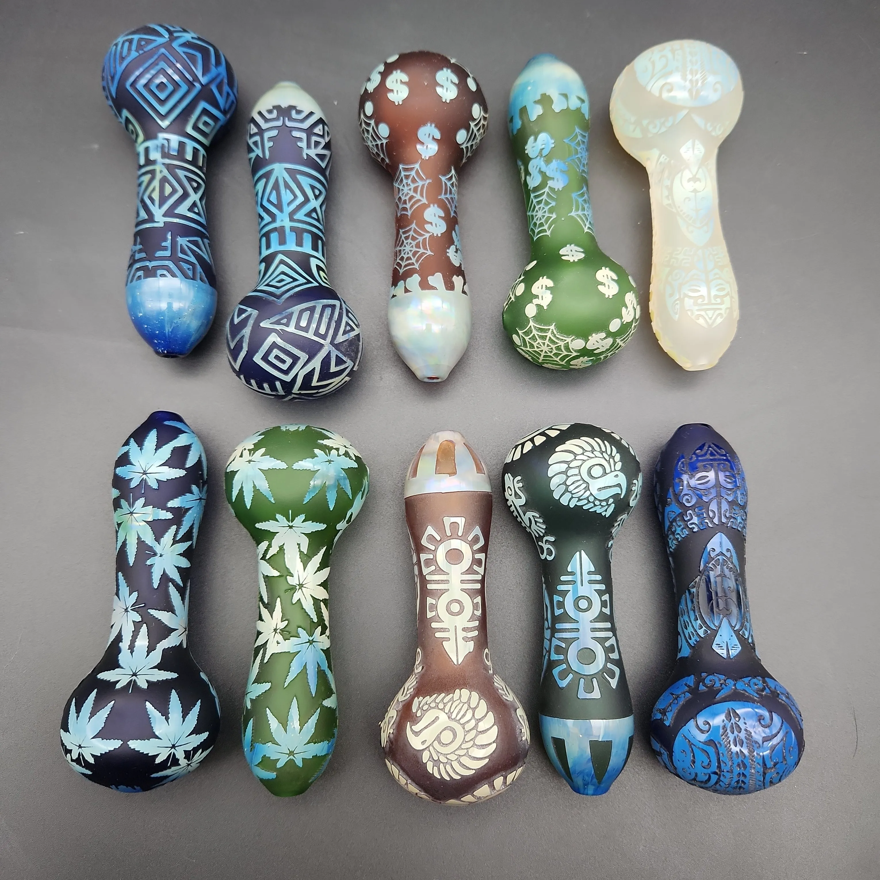 4 Etched   Sandblasted Spoon Pipes - Assorted Designs