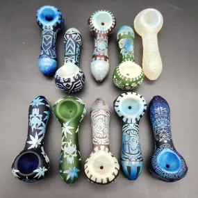 4 Etched   Sandblasted Spoon Pipes - Assorted Designs