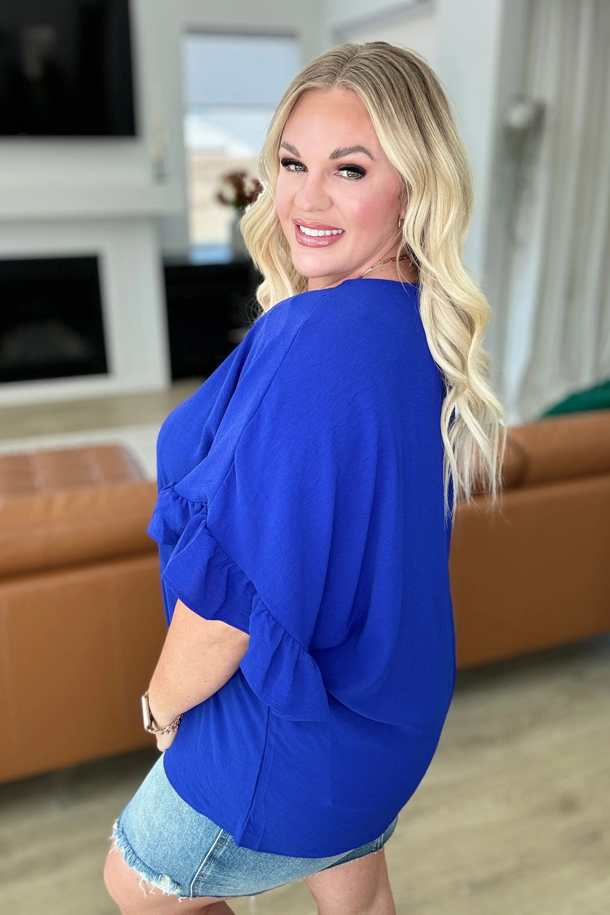 Airflow Peplum Ruffle Sleeve Top in Royal Blue - 4/24