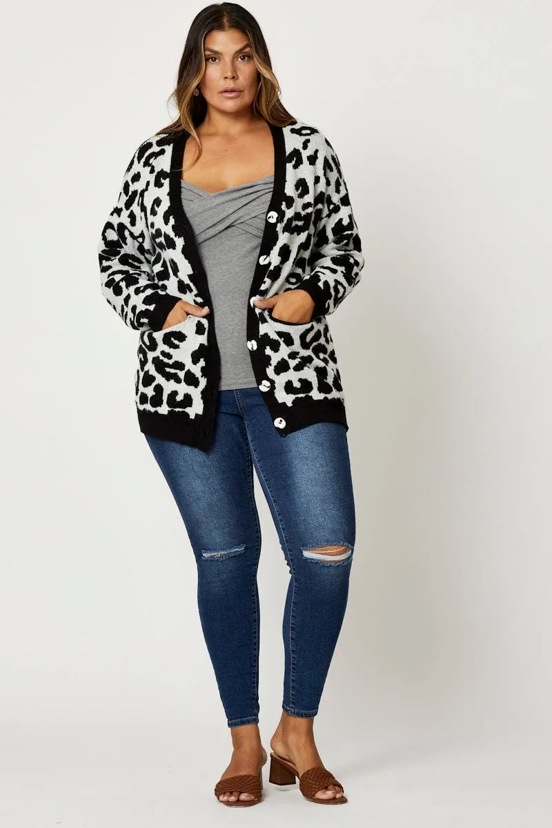 Animal Print Knit Cardigan Long Sleeve Longline