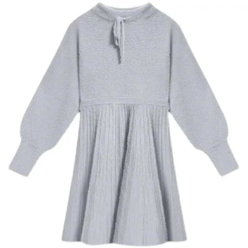 Autumn Knitted Sweater Dress Women Korean Fashion Kpop Knit Wram Wrap Long Sleeve Short Dresses Solid Winter