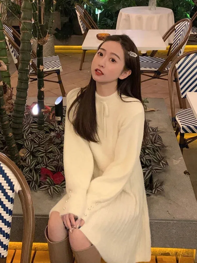 Autumn Knitted Sweater Dress Women Korean Fashion Kpop Knit Wram Wrap Long Sleeve Short Dresses Solid Winter