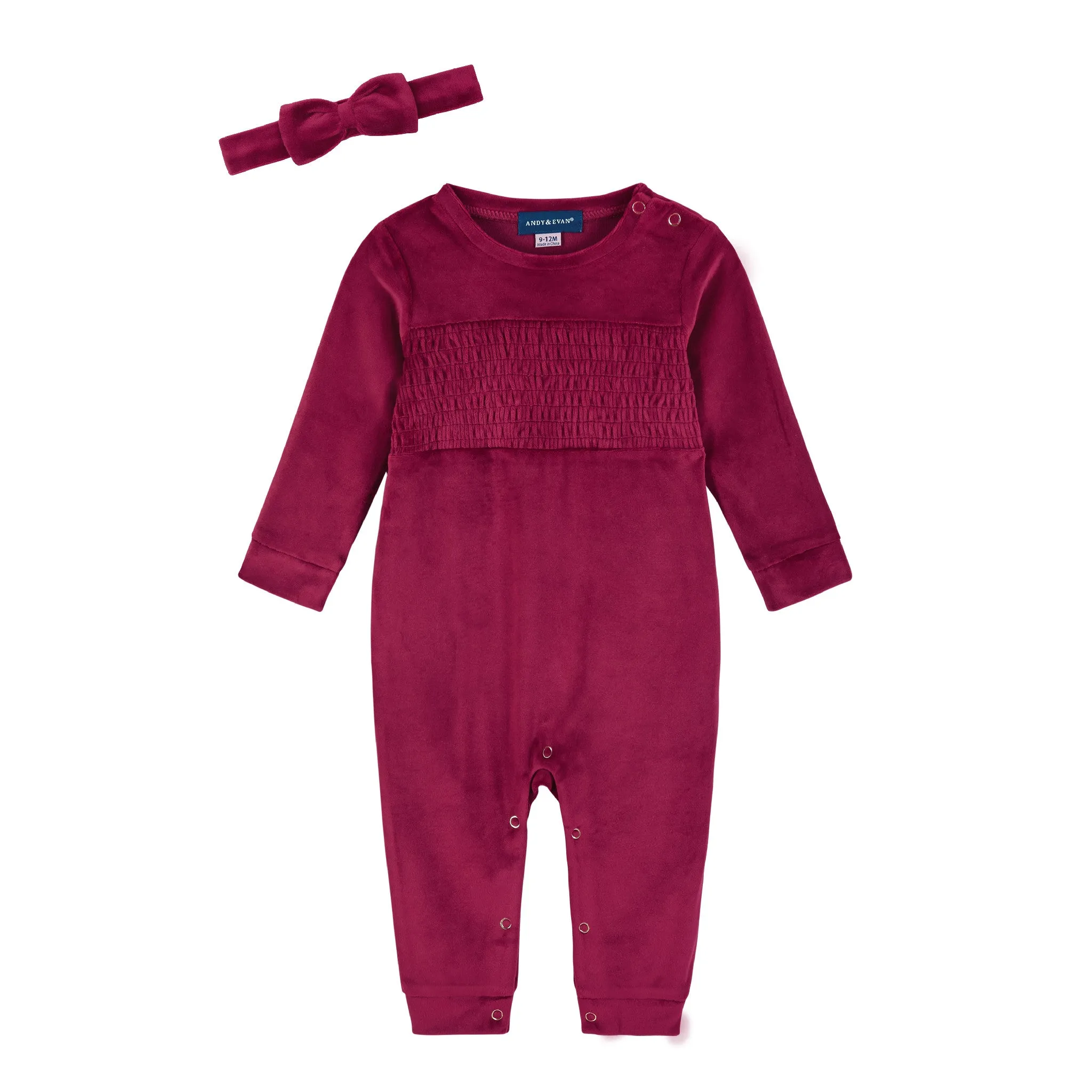 Baby Girls Red Velvet Romper with Bow Headband