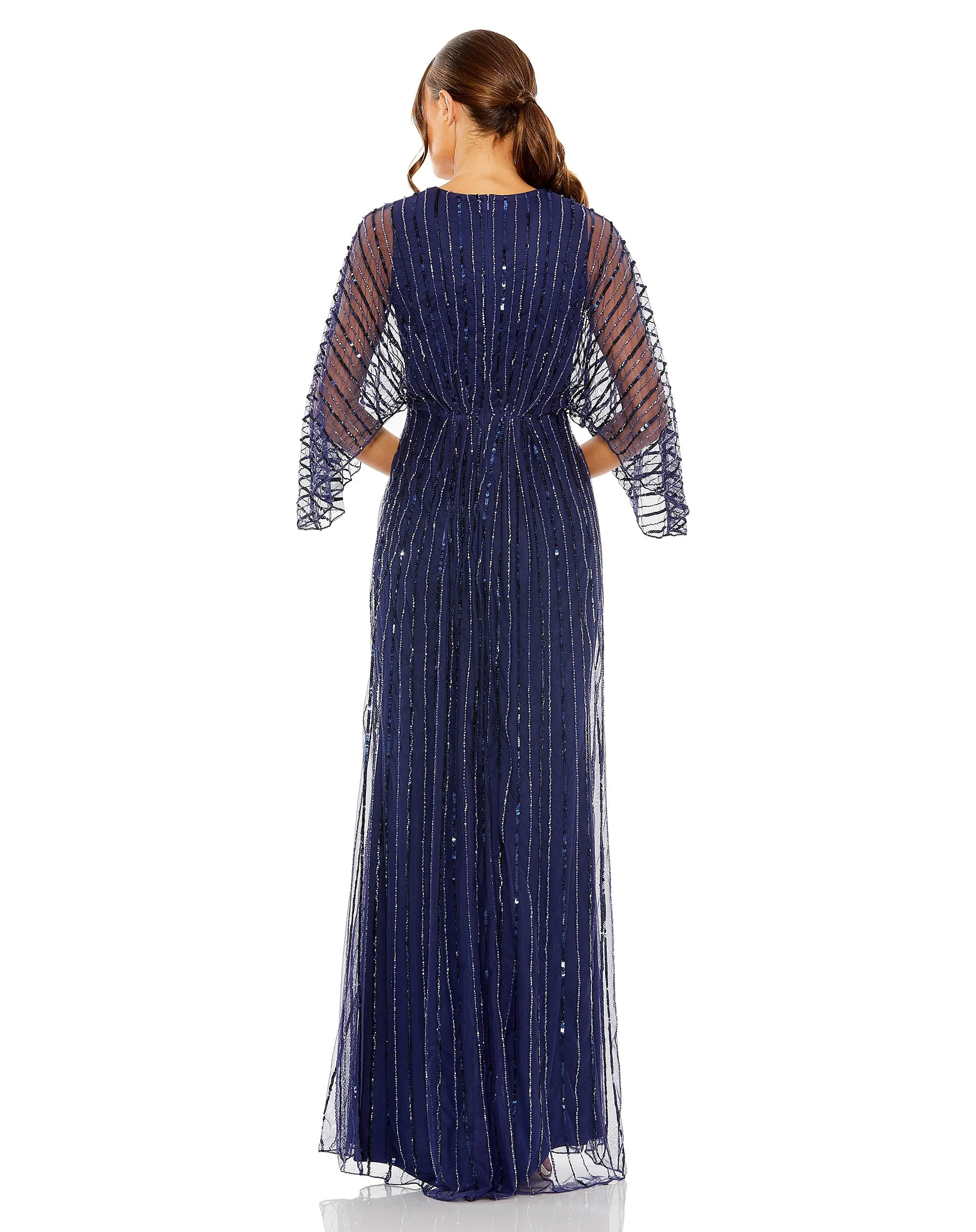 Beaded Striping Kimono Sleeve V Neck Gown