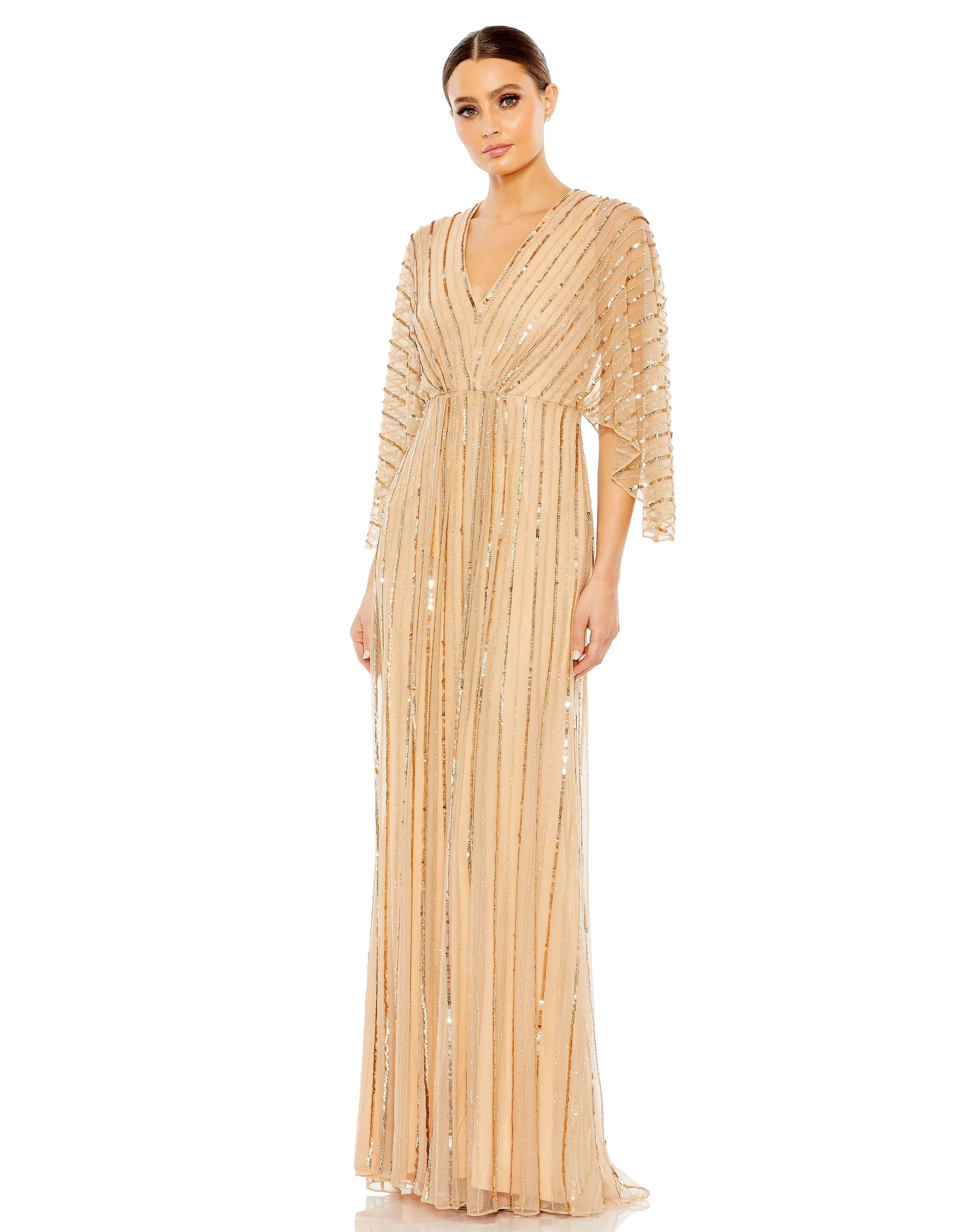 Beaded Striping Kimono Sleeve V Neck Gown