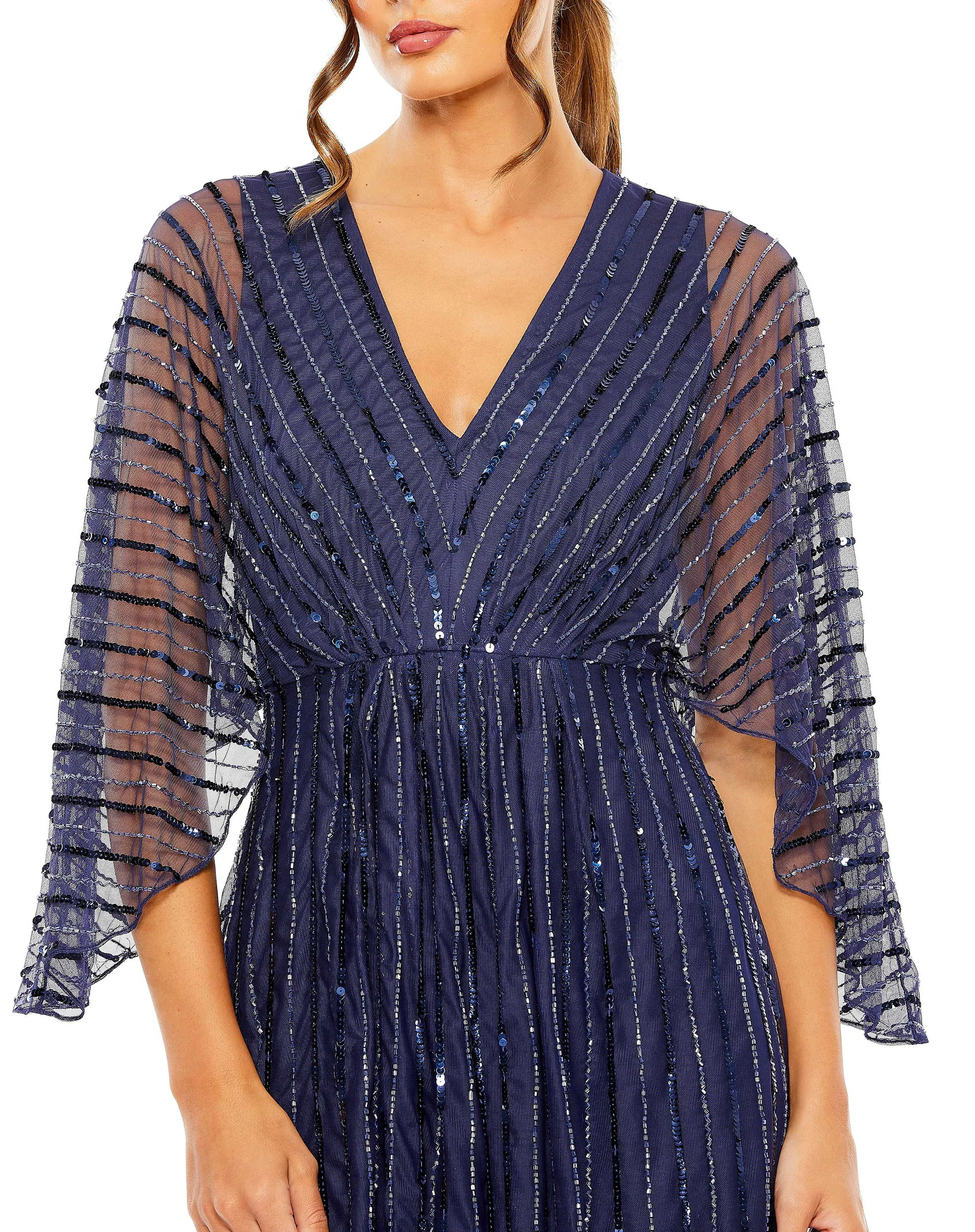 Beaded Striping Kimono Sleeve V Neck Gown