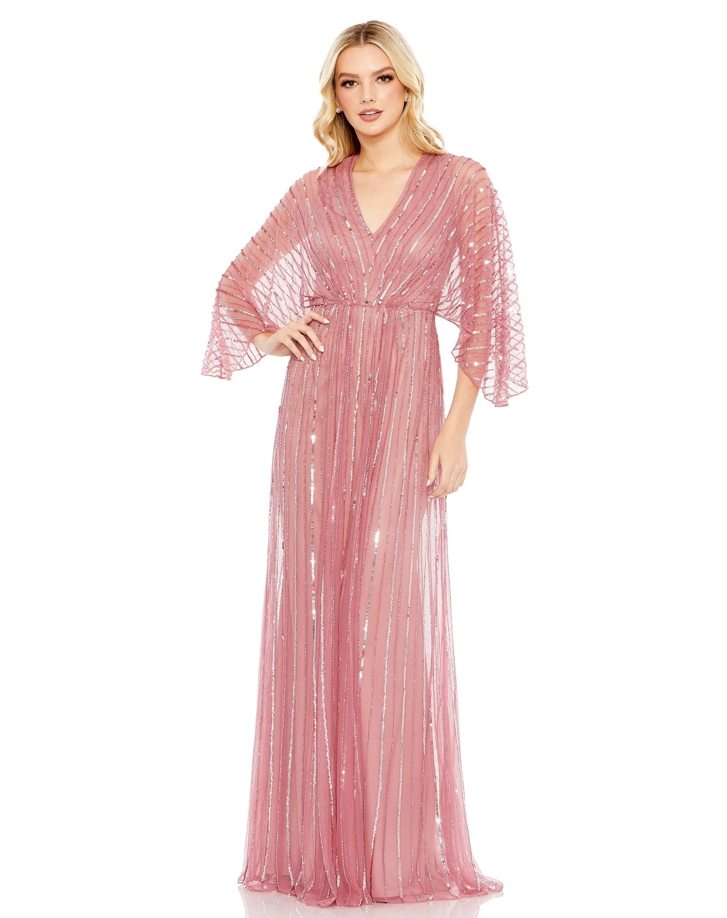 Beaded Striping Kimono Sleeve V Neck Gown