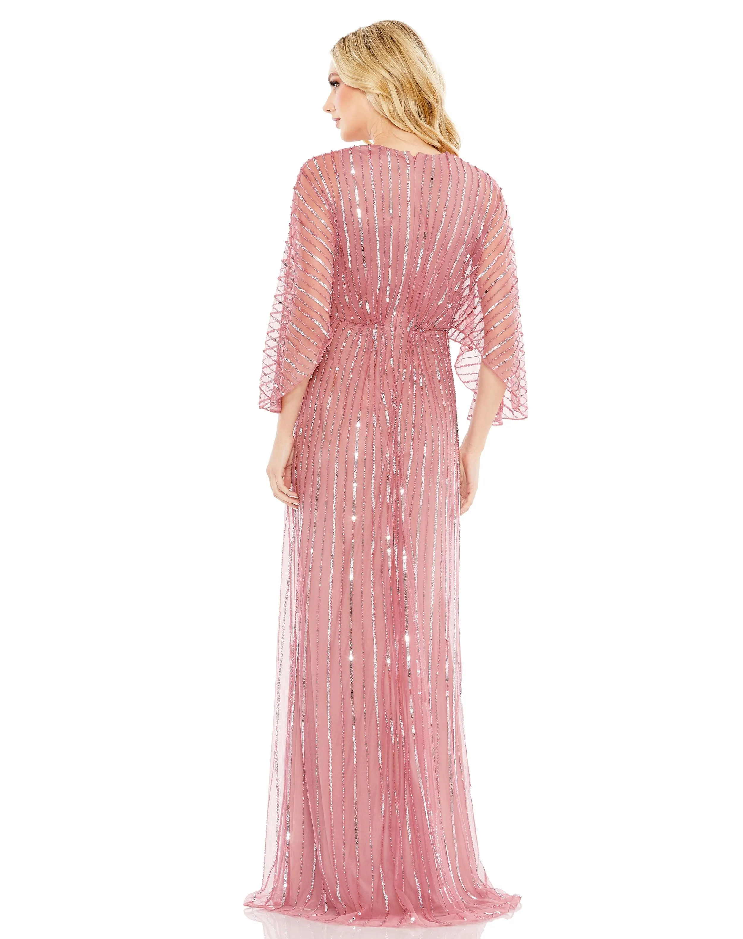 Beaded Striping Kimono Sleeve V Neck Gown