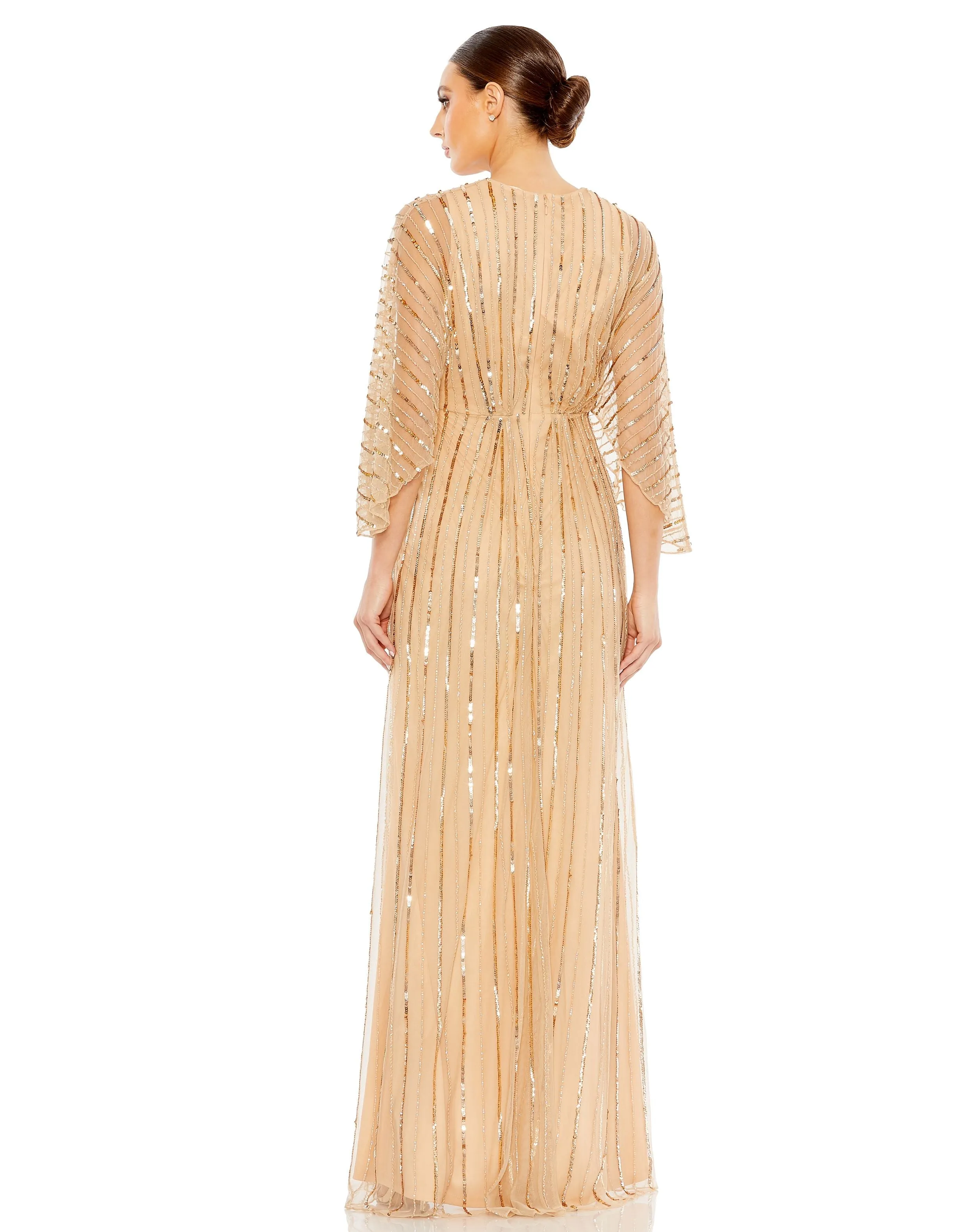 Beaded Striping Kimono Sleeve V Neck Gown