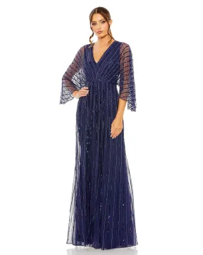 Beaded Striping Kimono Sleeve V Neck Gown