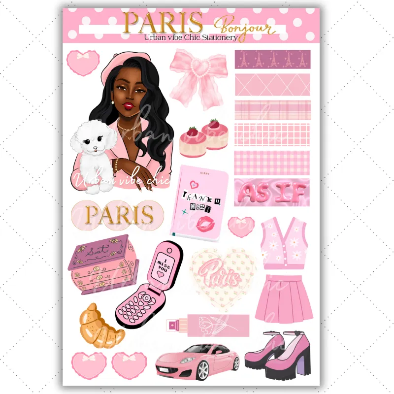 Black Girl Stickers - Pink Paris & Puppie Full Sheet