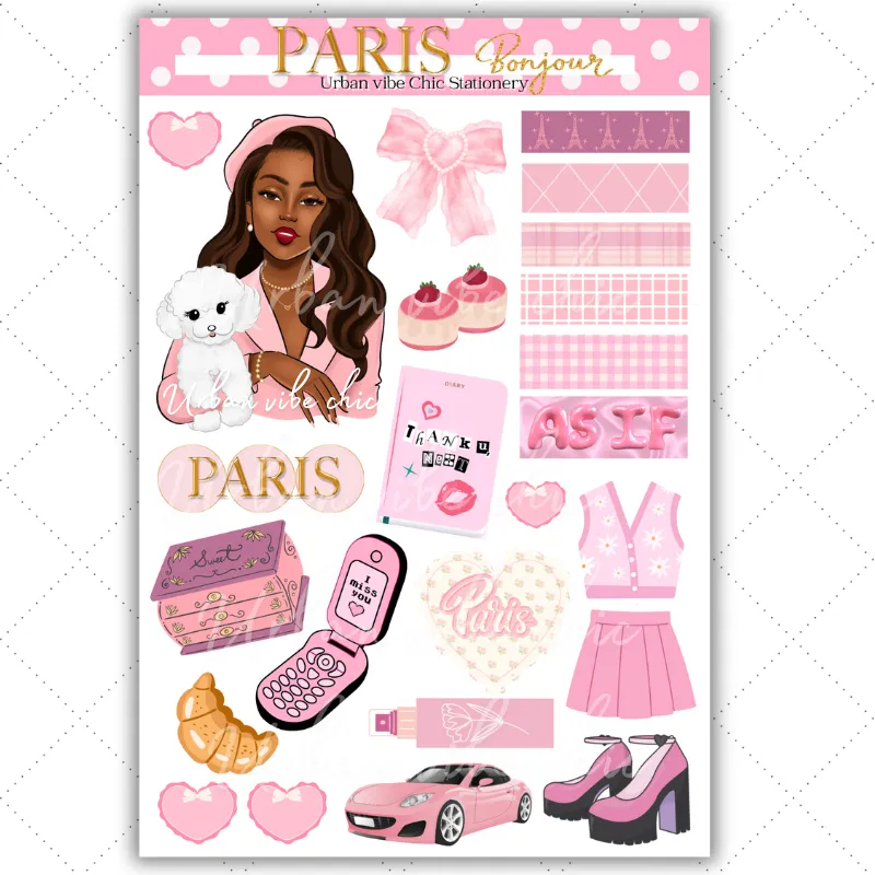 Black Girl Stickers - Pink Paris & Puppie Full Sheet