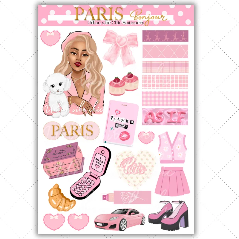 Black Girl Stickers - Pink Paris & Puppie Full Sheet