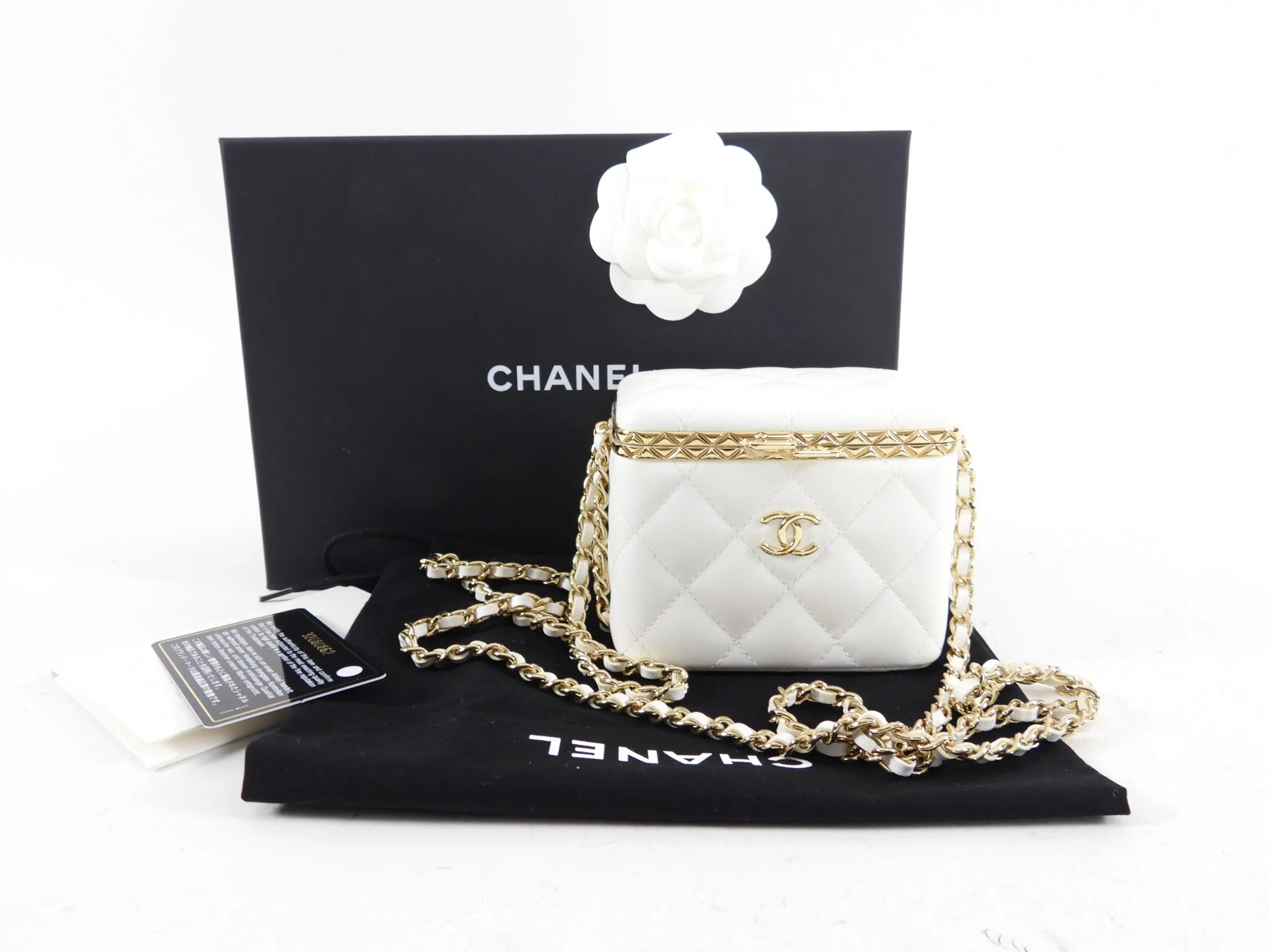 Chanel 22S White Lambskin Quilted Mini Box Chain Vanity Bag