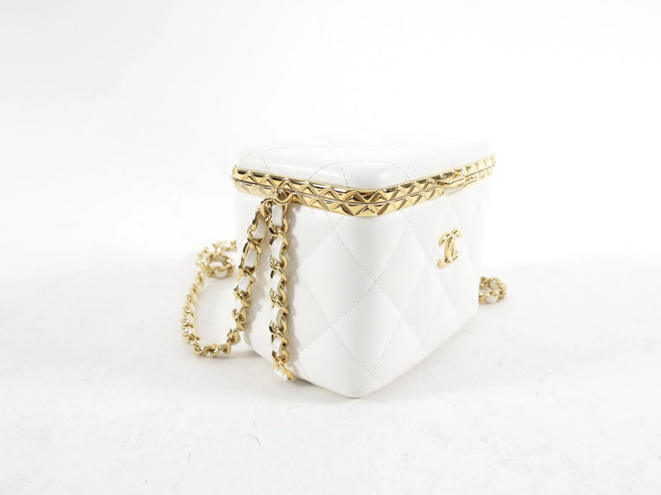 Chanel 22S White Lambskin Quilted Mini Box Chain Vanity Bag