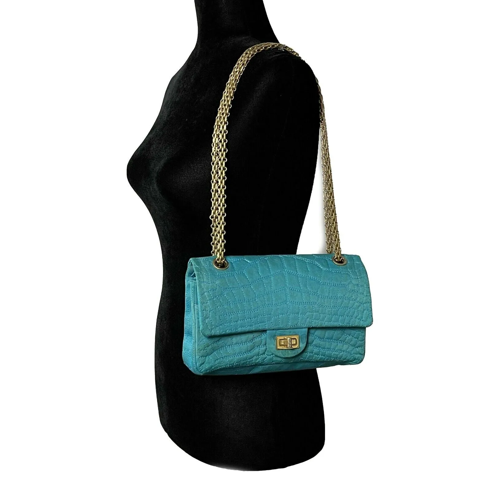 CHANEL - Reissue Small 2.55 Satin Crocodile Stitche - Turquoise / Gold Crossbody