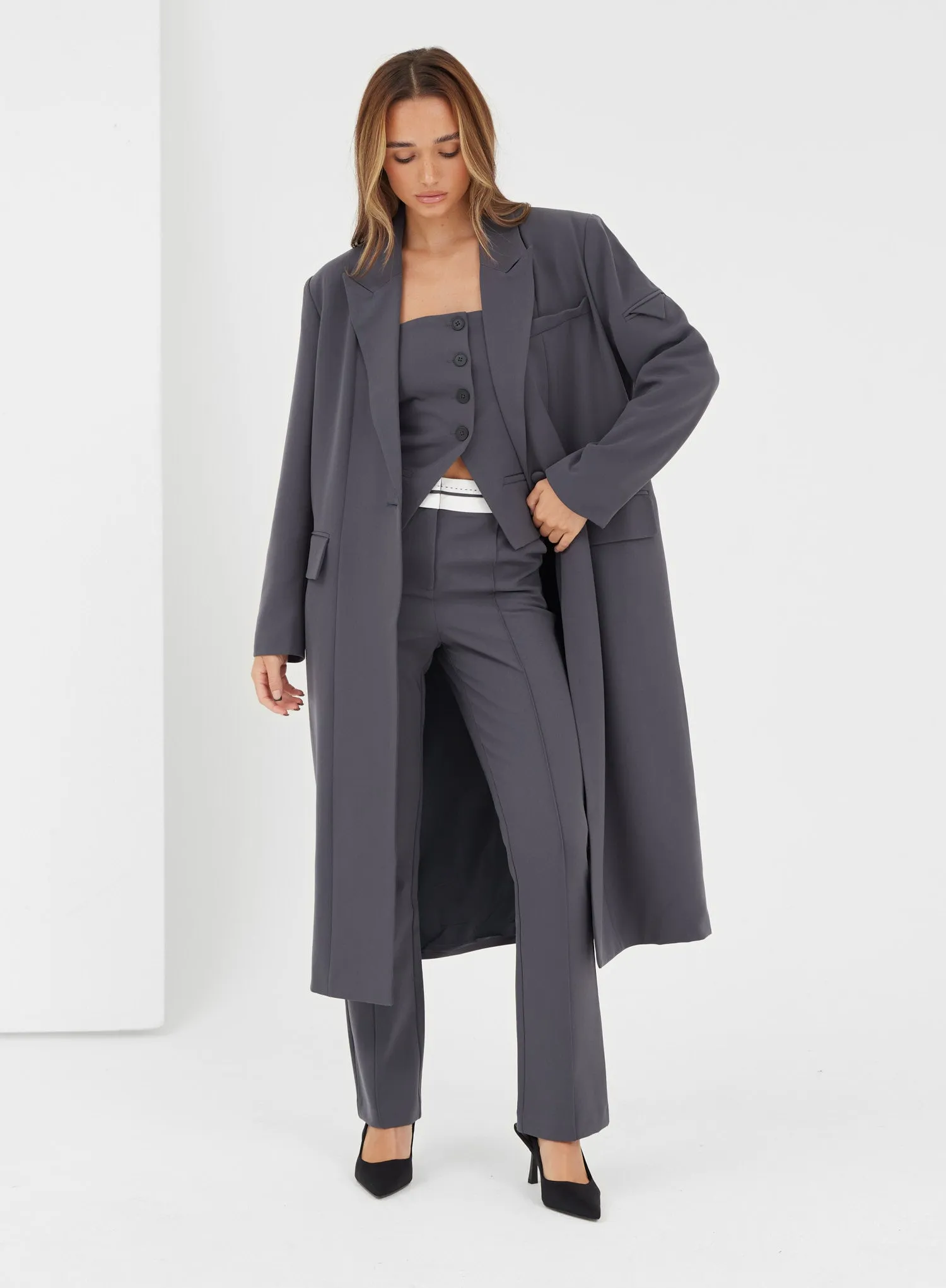 Charcoal Grey Longline Tailored Coat - Kennedy