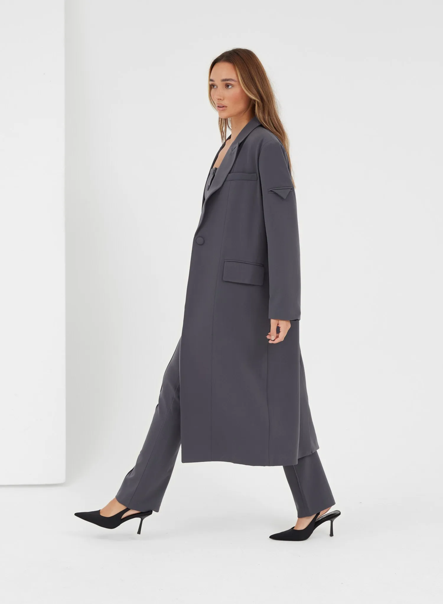 Charcoal Grey Longline Tailored Coat - Kennedy