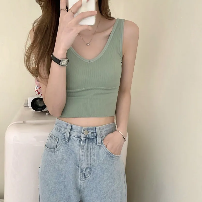 Contrast Banding Trimmed Ribbed Thick Strap V-Neck Crop Top Tank Top