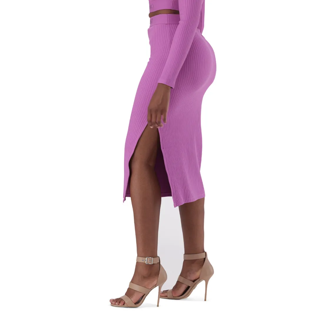 ELENA HIGH WAISTED RIB BODYCON MIDI SKIRT WITH LOGO ELASTIC PINK