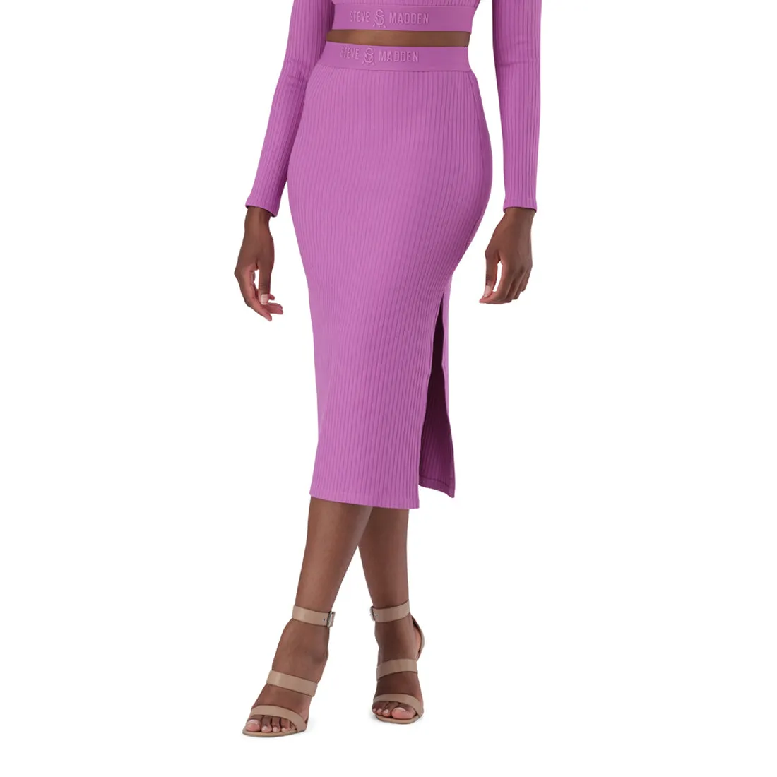 ELENA HIGH WAISTED RIB BODYCON MIDI SKIRT WITH LOGO ELASTIC PINK