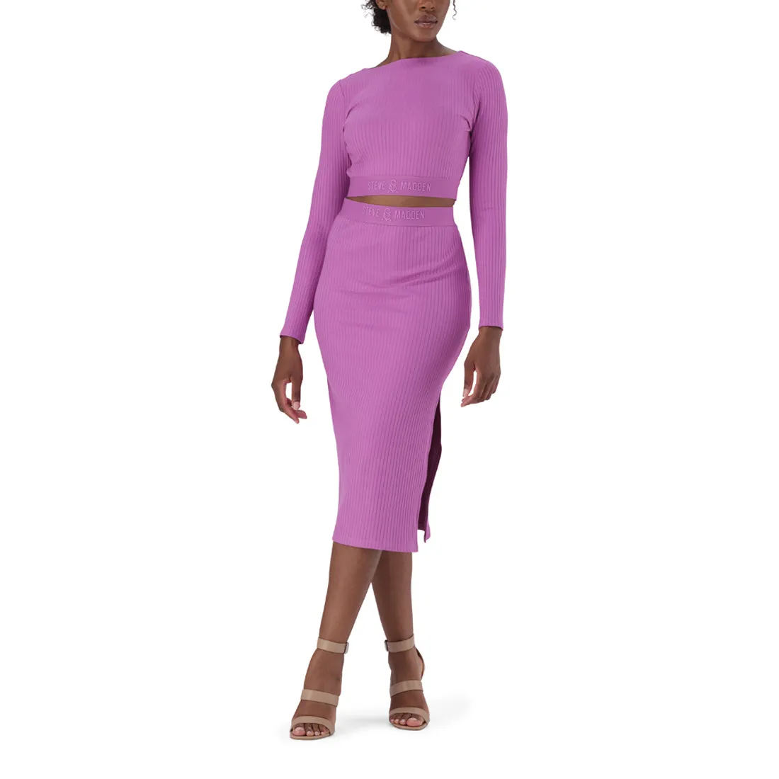 ELENA HIGH WAISTED RIB BODYCON MIDI SKIRT WITH LOGO ELASTIC PINK