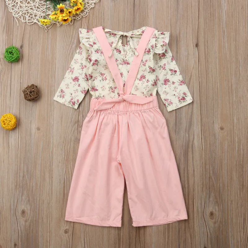 Girls Fall Jumpsuit with Floral Ruffle Top Overalls Pink