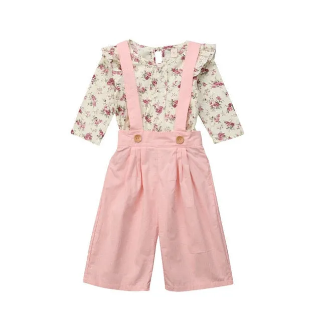 Girls Fall Jumpsuit with Floral Ruffle Top Overalls Pink