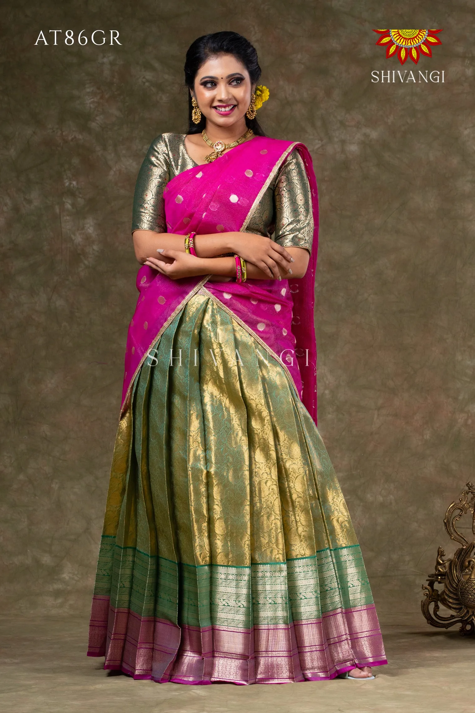 Girls Green Potly Mango Half Saree | Langa Davani