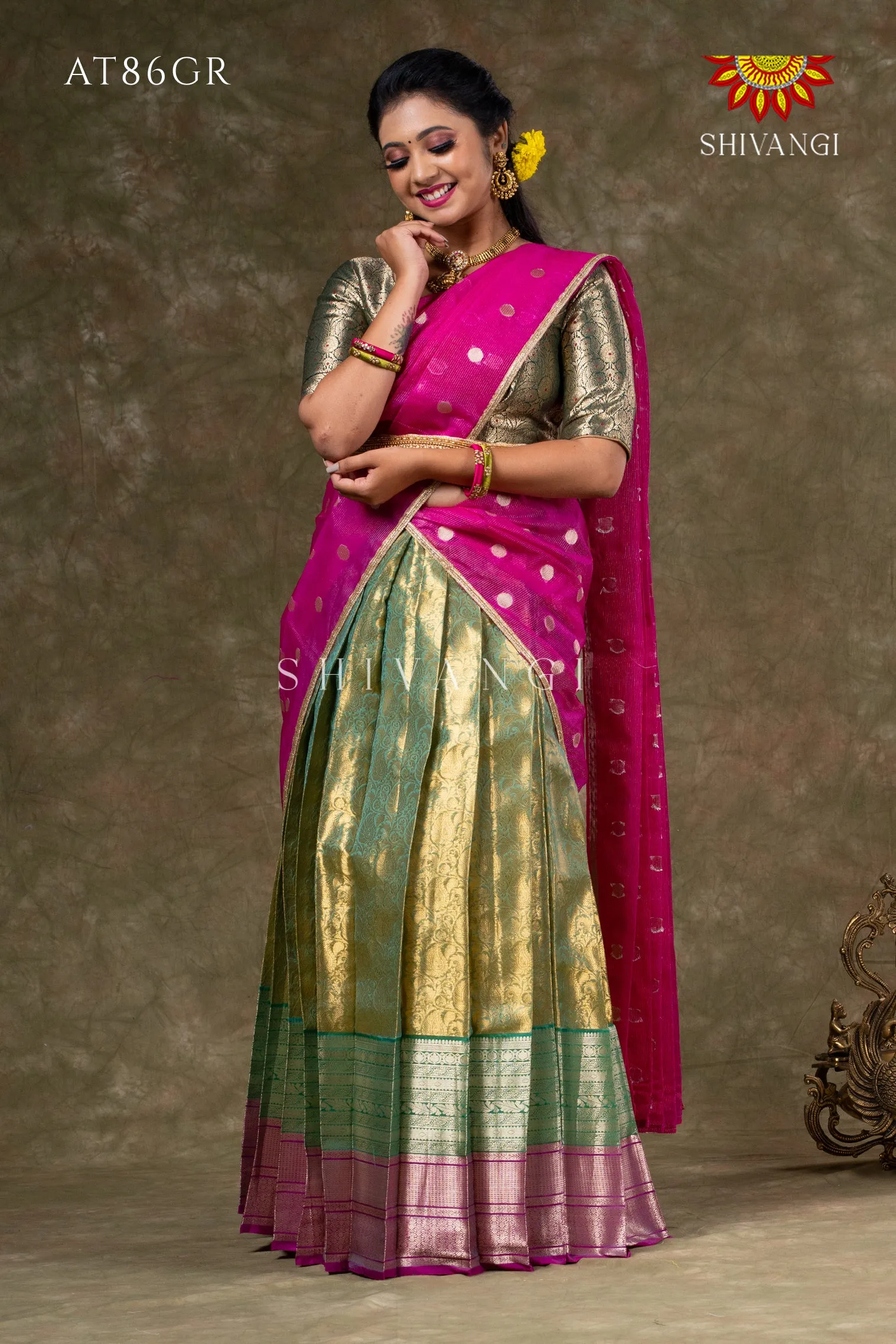 Girls Green Potly Mango Half Saree | Langa Davani