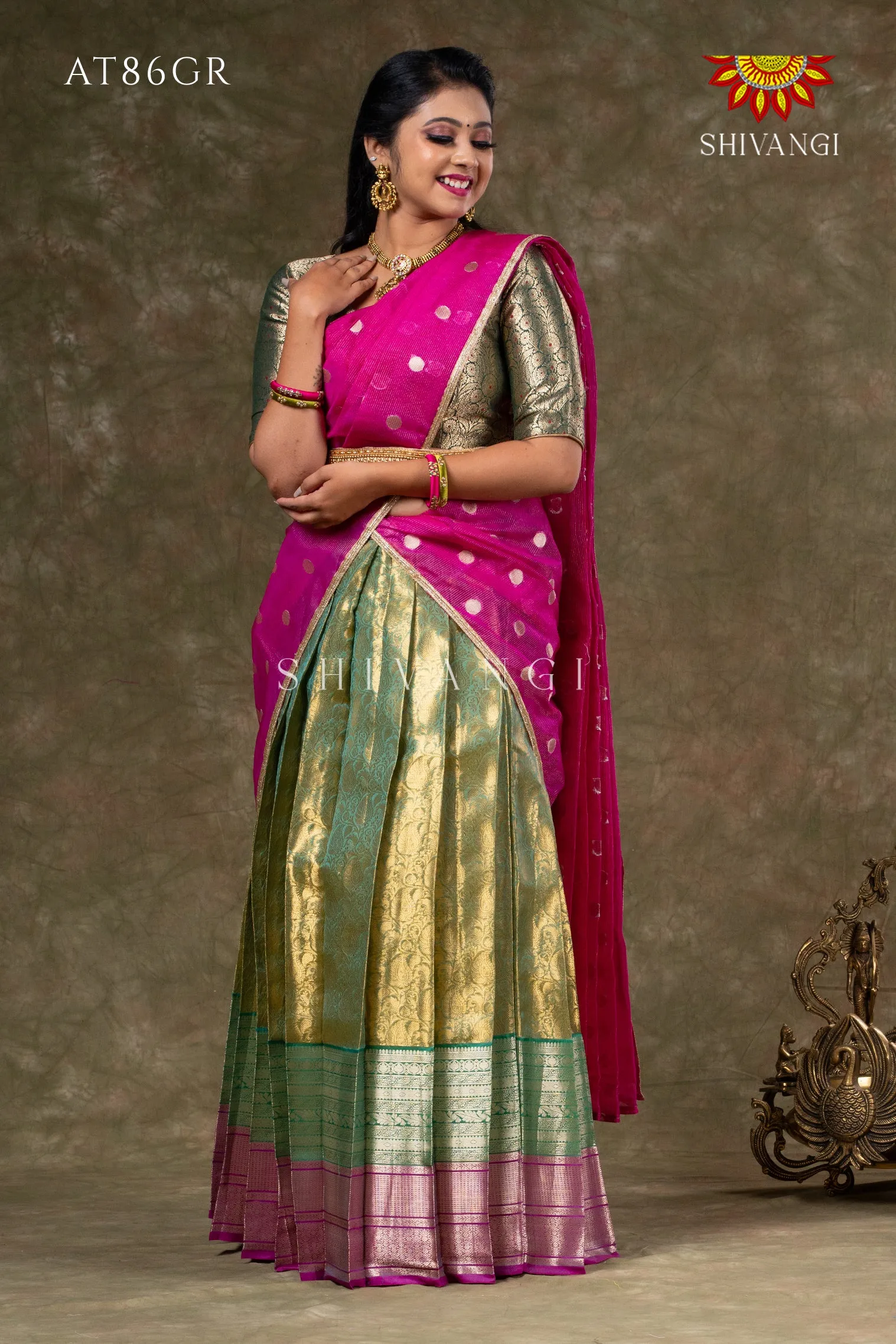 Girls Green Potly Mango Half Saree | Langa Davani