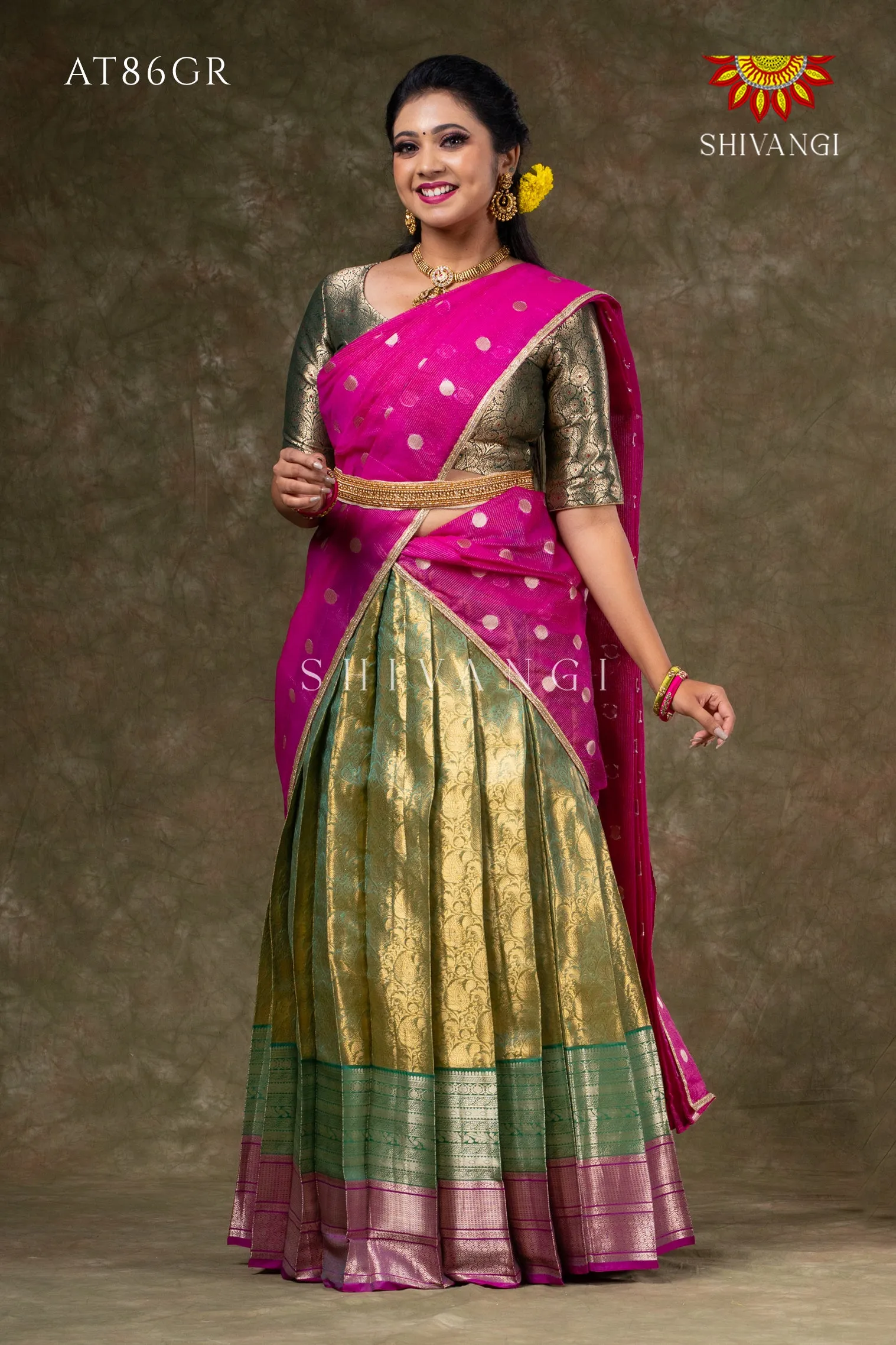 Girls Green Potly Mango Half Saree | Langa Davani