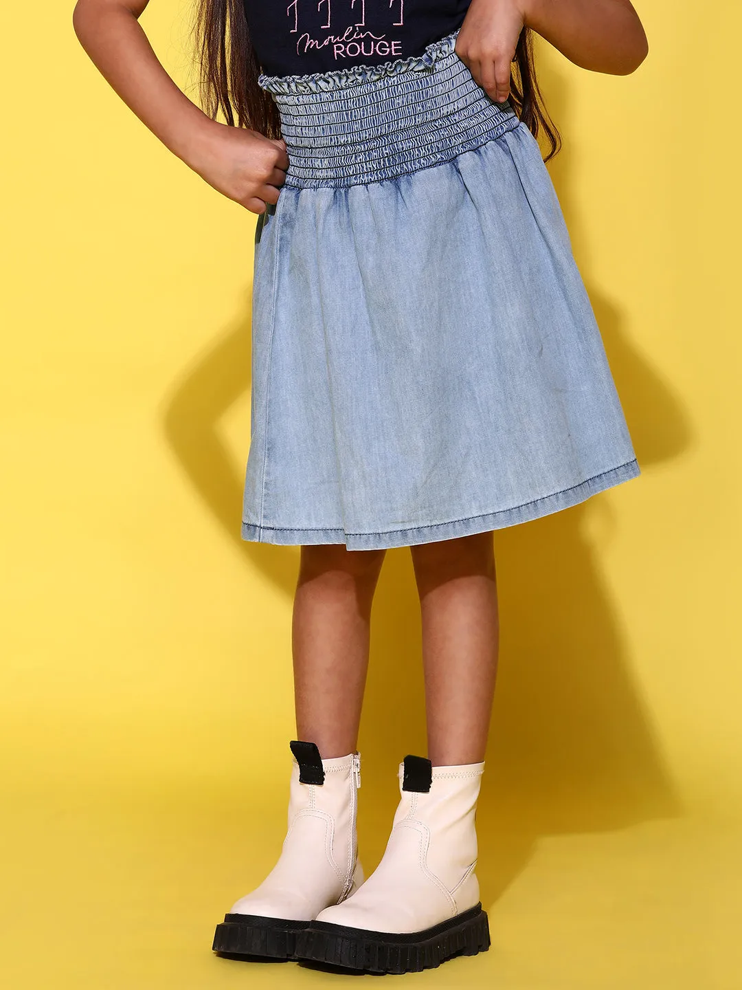 Girls Light Blue Cotton Regular Fit Solid Skirt