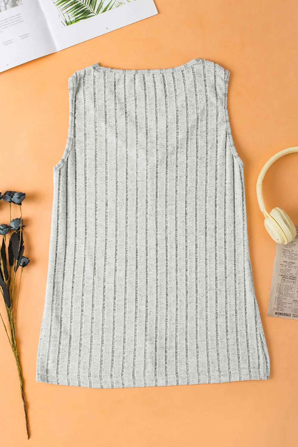 Gray Wide Rib Texture V Neck Tank Top