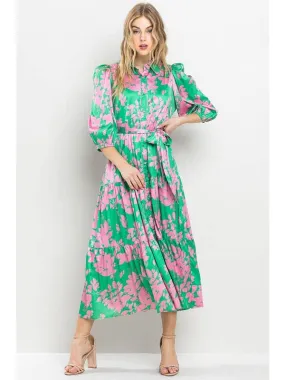 GREEN AND PINK PRINTED MIDI DRESS