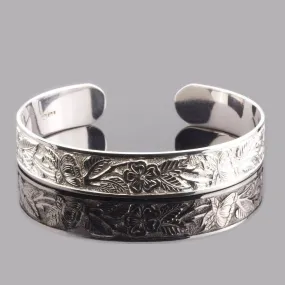 Handmade Sterling Silver 12mm Engraved Flower Cuff Bracelet