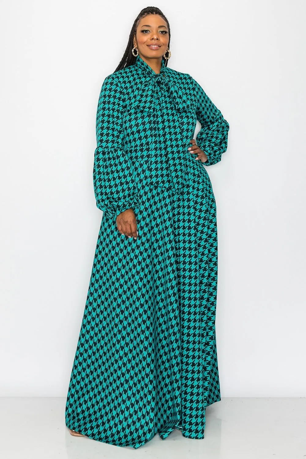 Houndstooth Bella Donna with Ribbon and Puff Sleeves