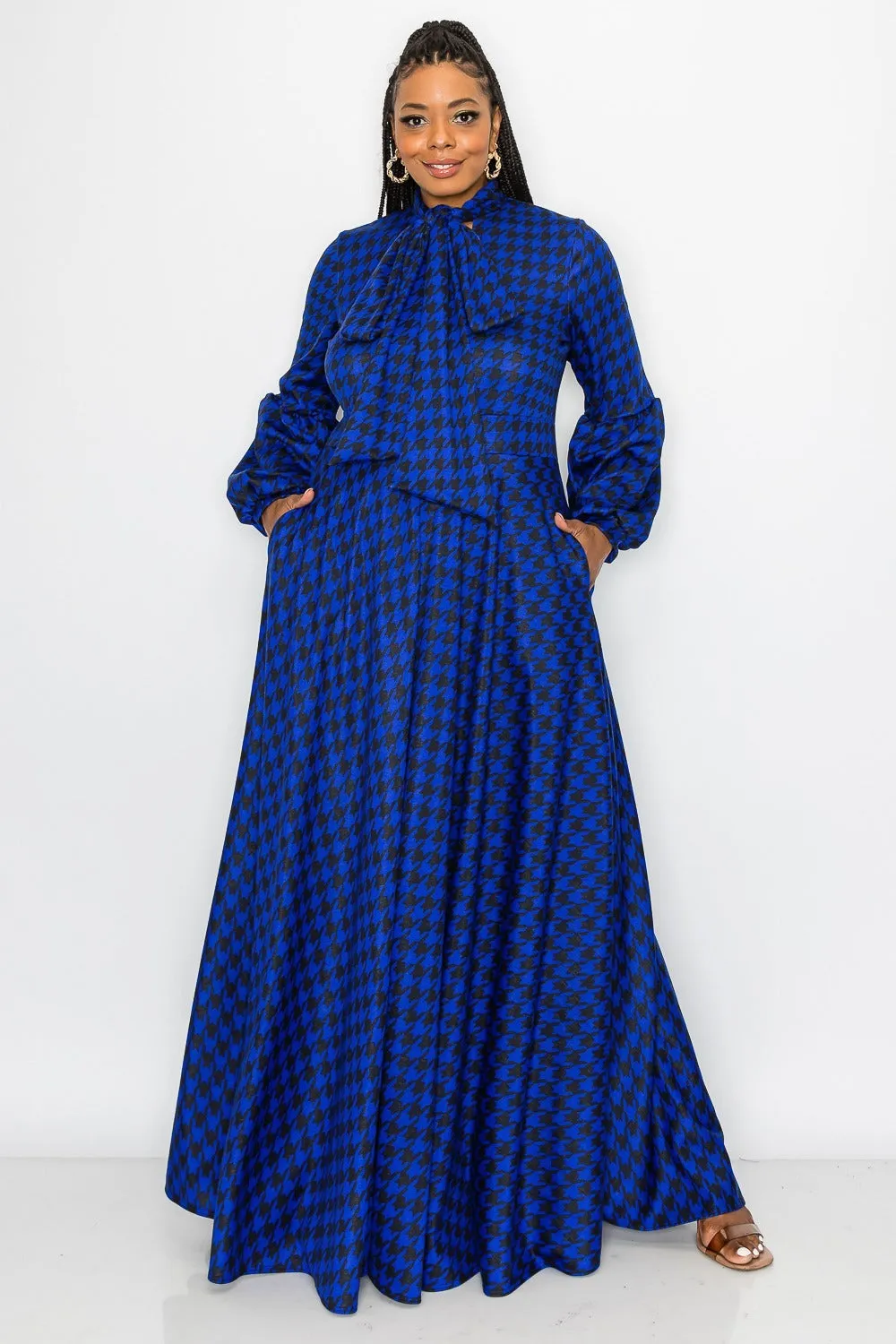 Houndstooth Bella Donna with Ribbon and Puff Sleeves