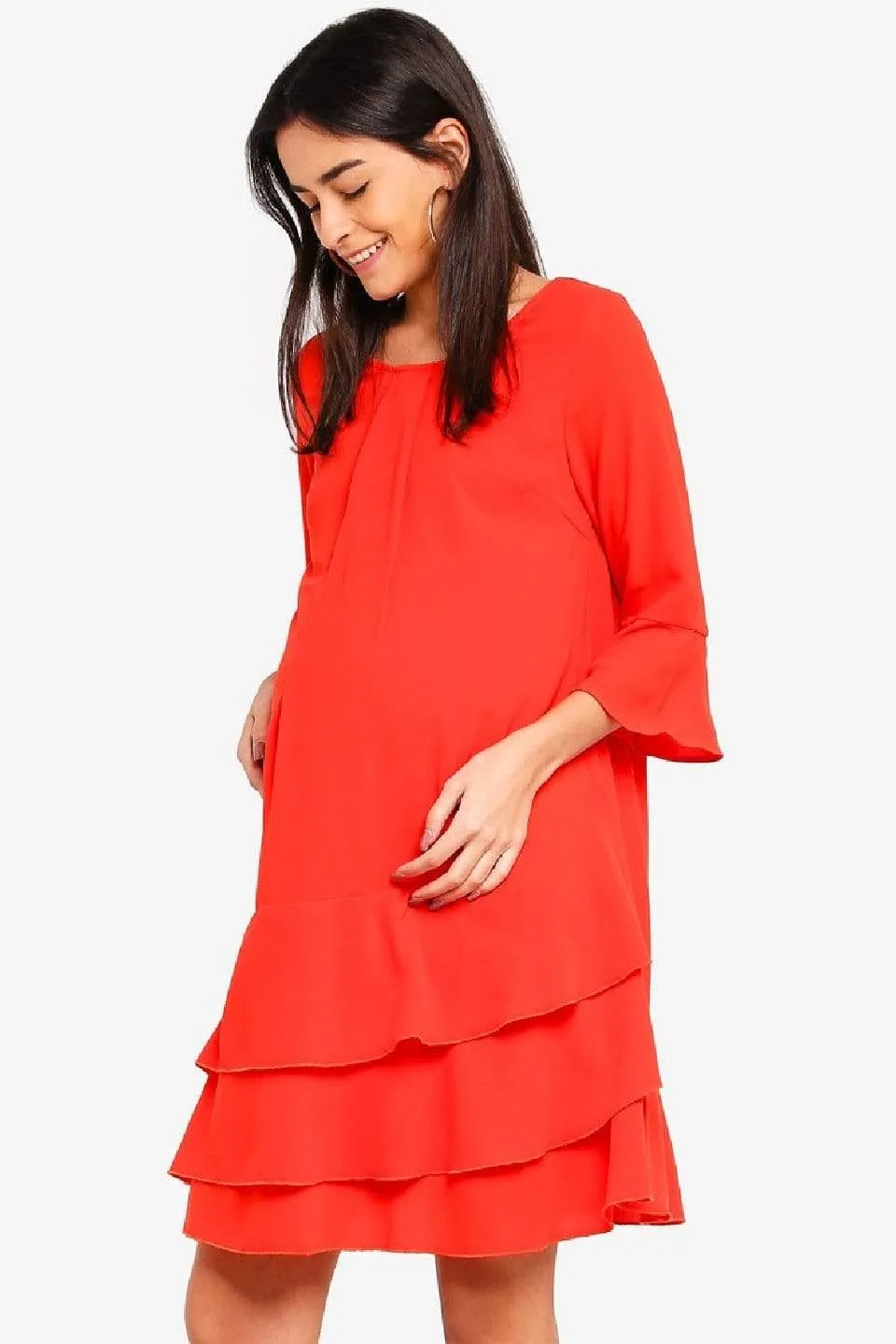 Long Sleeves Christana Tier Nursing Dress Coral Red