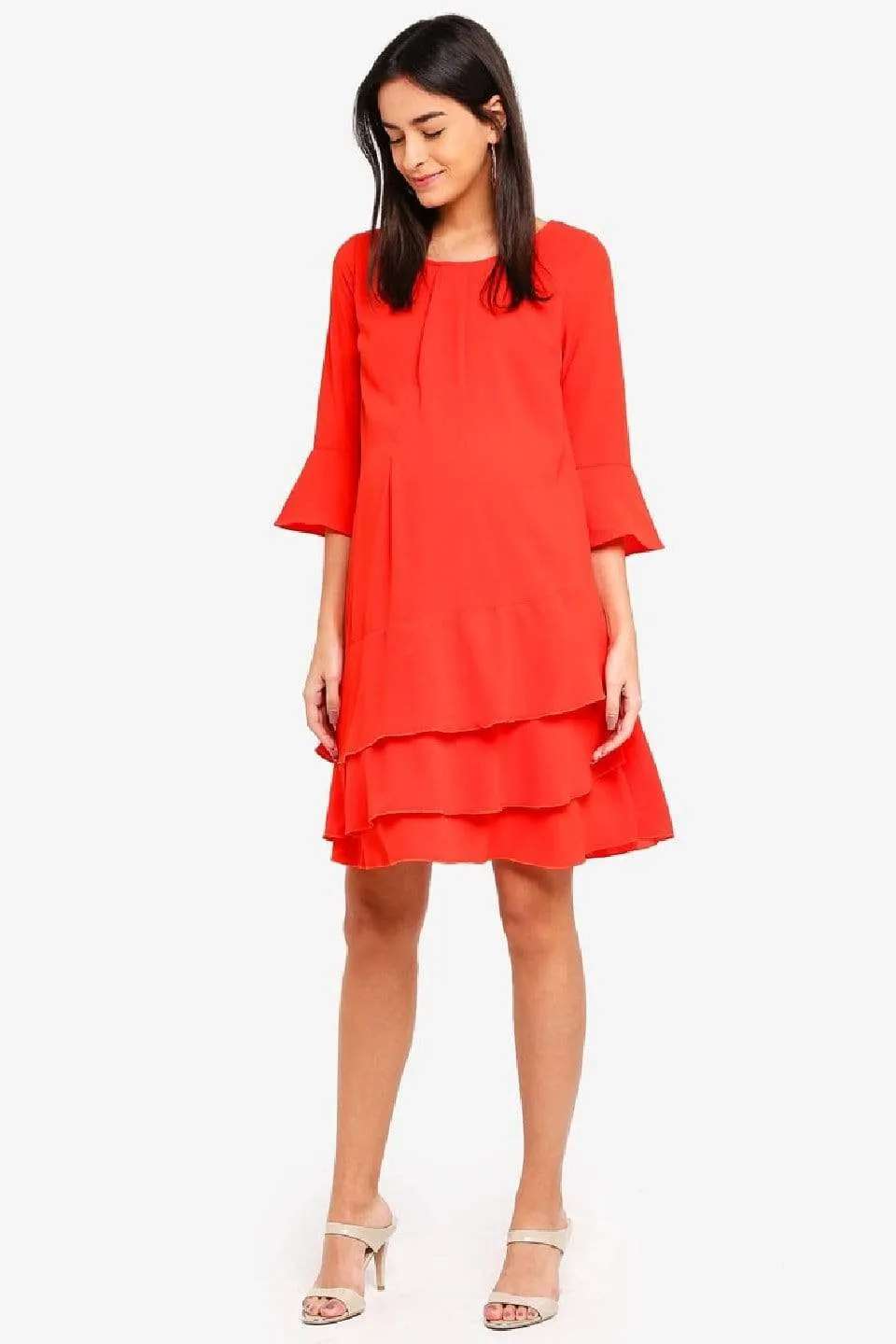 Long Sleeves Christana Tier Nursing Dress Coral Red