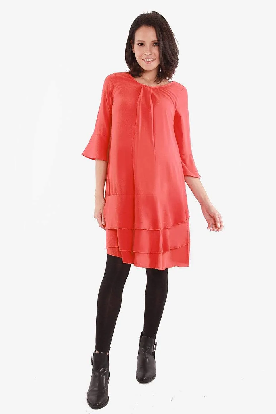 Long Sleeves Christana Tier Nursing Dress Coral Red