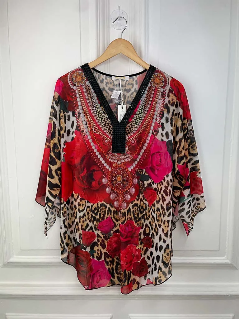 Malissa J Studded Kaftan Top - Rose & Leopard