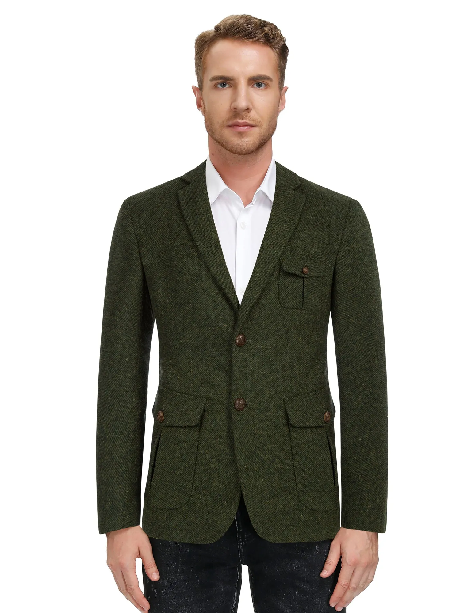 Men Herring Bone Textured Blazer Coat Notch Lapel Two Buttons Coat