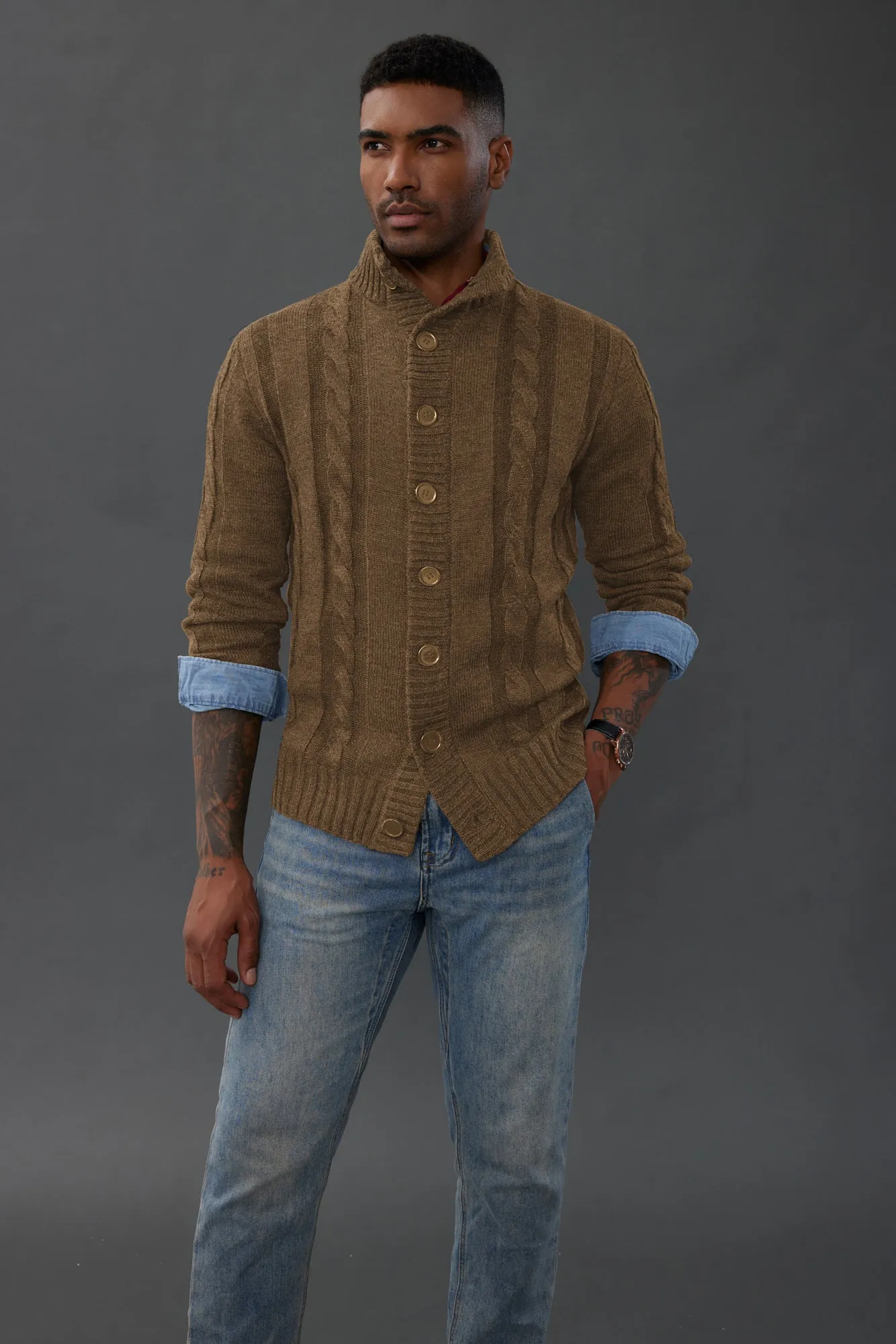 Men's Cardigan with Button Closure, Cable Knit Cardigan with Ribbed Stand-Up Collar for Autumn Winter