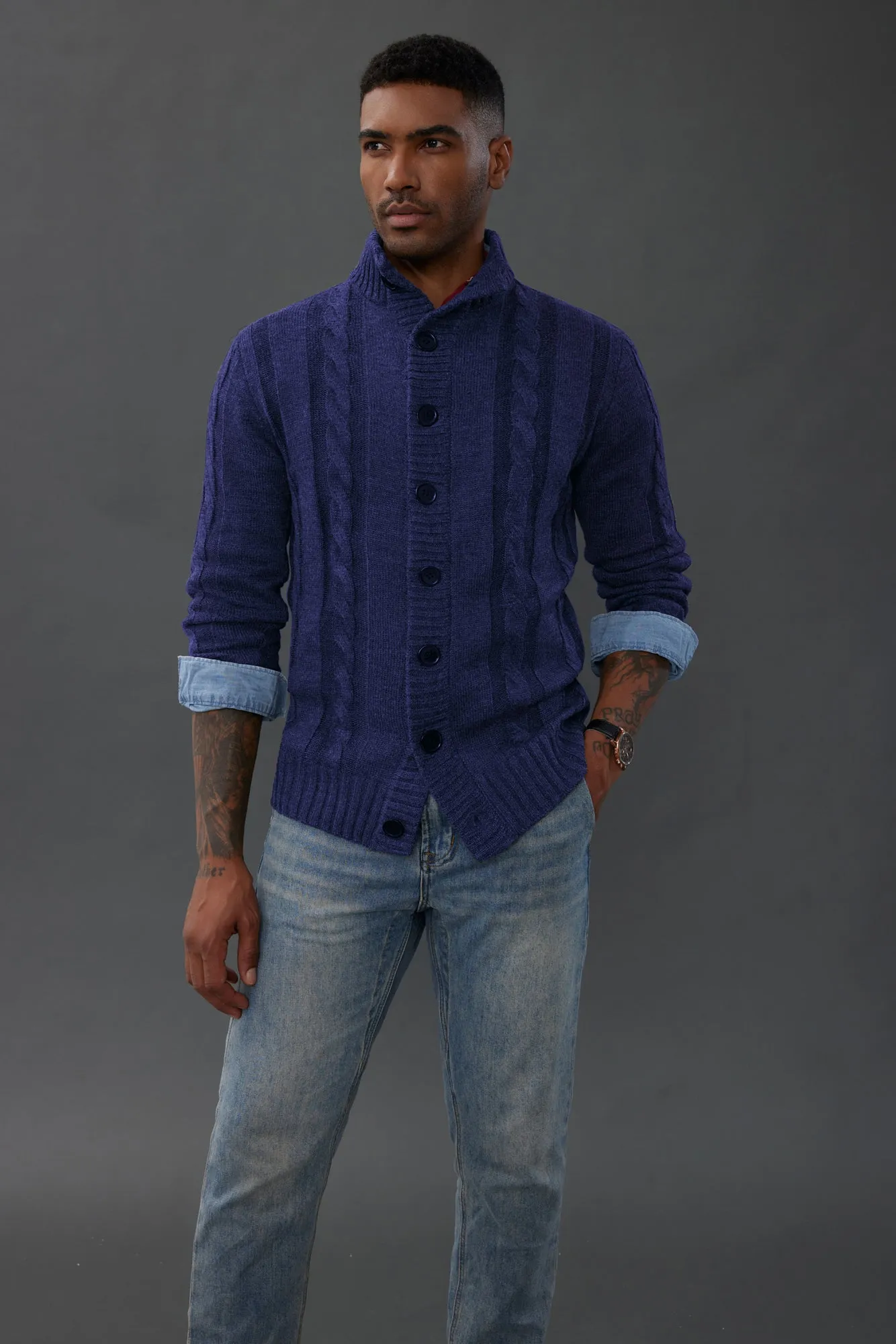 Men's Cardigan with Button Closure, Cable Knit Cardigan with Ribbed Stand-Up Collar for Autumn Winter